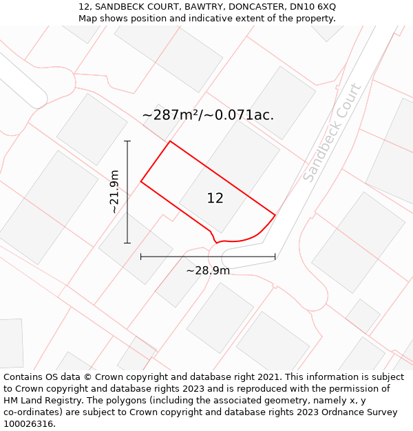 12, SANDBECK COURT, BAWTRY, DONCASTER, DN10 6XQ: Plot and title map