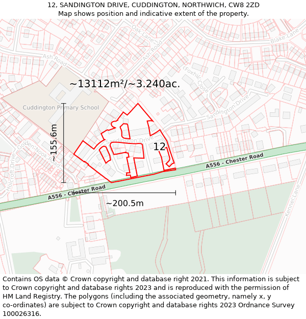 12, SANDINGTON DRIVE, CUDDINGTON, NORTHWICH, CW8 2ZD: Plot and title map