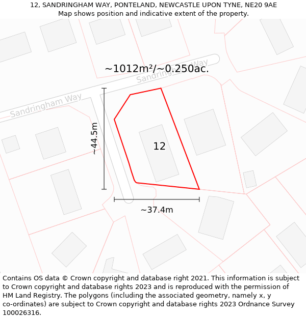 12, SANDRINGHAM WAY, PONTELAND, NEWCASTLE UPON TYNE, NE20 9AE: Plot and title map