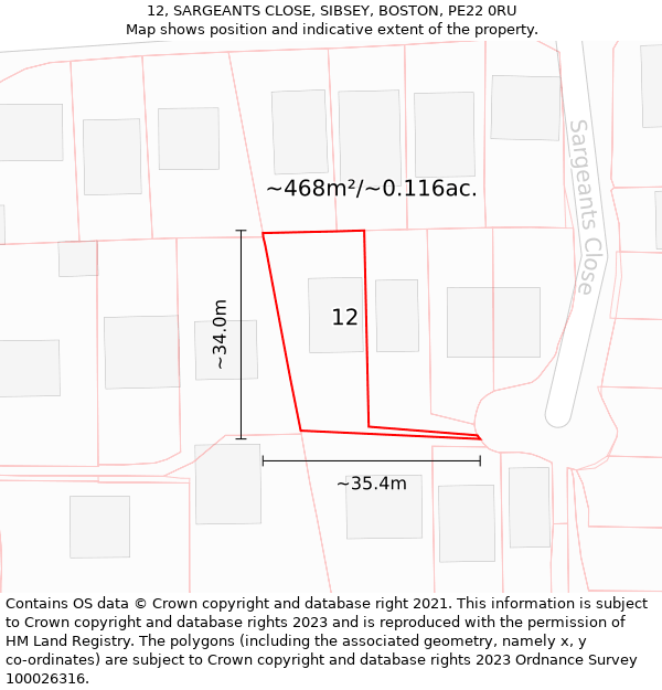 12, SARGEANTS CLOSE, SIBSEY, BOSTON, PE22 0RU: Plot and title map