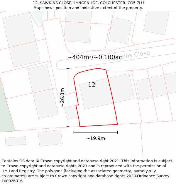 12, SAWKINS CLOSE, LANGENHOE, COLCHESTER, CO5 7LU: Plot and title map