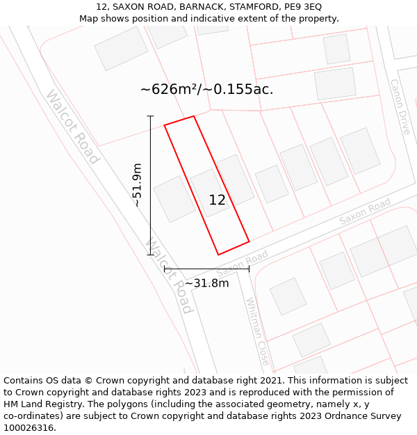 12, SAXON ROAD, BARNACK, STAMFORD, PE9 3EQ: Plot and title map