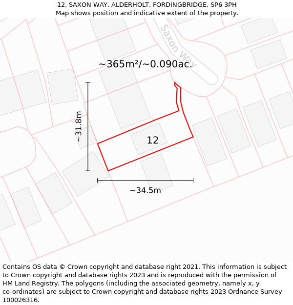 12, SAXON WAY, ALDERHOLT, FORDINGBRIDGE, SP6 3PH: Plot and title map