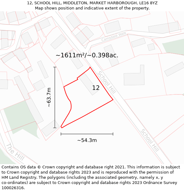 12, SCHOOL HILL, MIDDLETON, MARKET HARBOROUGH, LE16 8YZ: Plot and title map