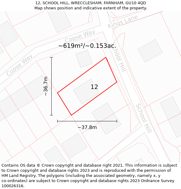 12, SCHOOL HILL, WRECCLESHAM, FARNHAM, GU10 4QD: Plot and title map