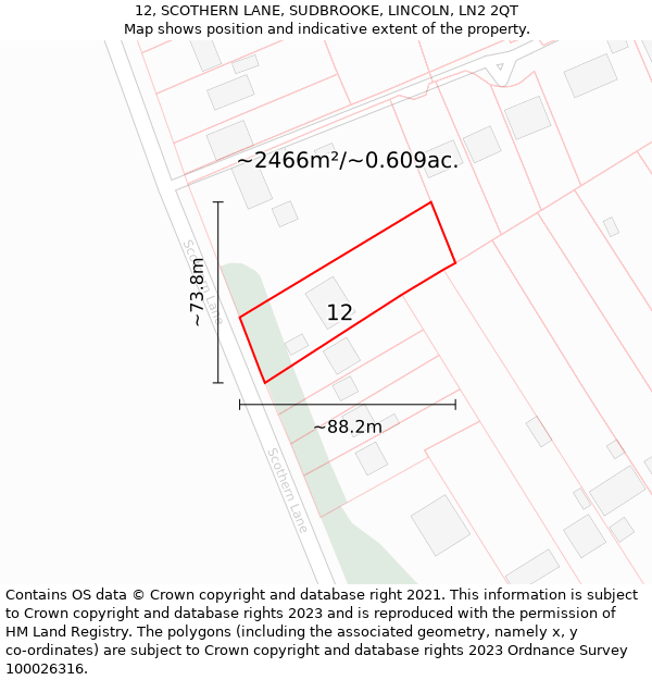 12, SCOTHERN LANE, SUDBROOKE, LINCOLN, LN2 2QT: Plot and title map