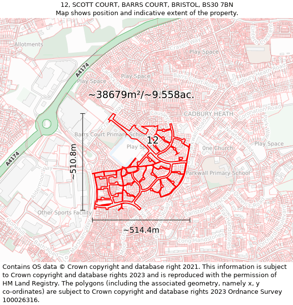 12, SCOTT COURT, BARRS COURT, BRISTOL, BS30 7BN: Plot and title map