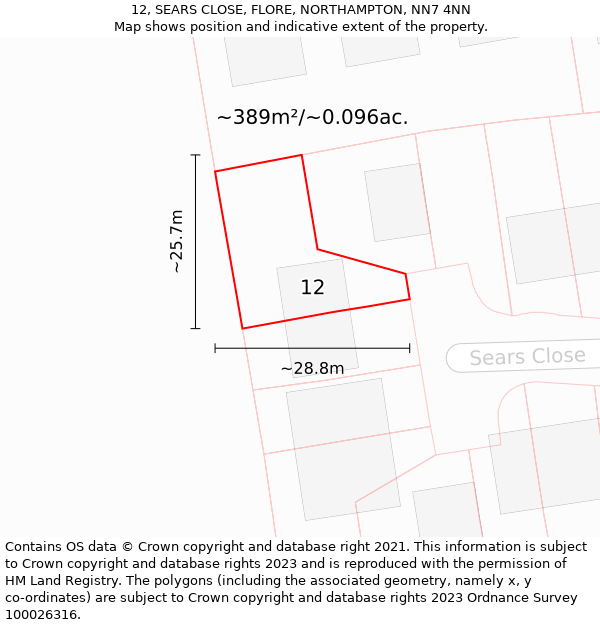 12, SEARS CLOSE, FLORE, NORTHAMPTON, NN7 4NN: Plot and title map