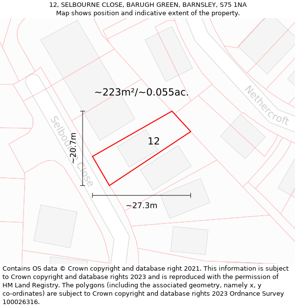 12, SELBOURNE CLOSE, BARUGH GREEN, BARNSLEY, S75 1NA: Plot and title map