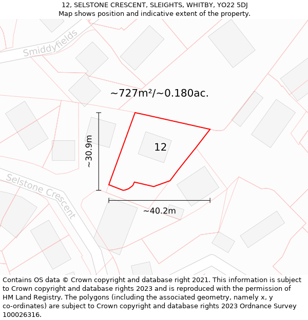 12, SELSTONE CRESCENT, SLEIGHTS, WHITBY, YO22 5DJ: Plot and title map