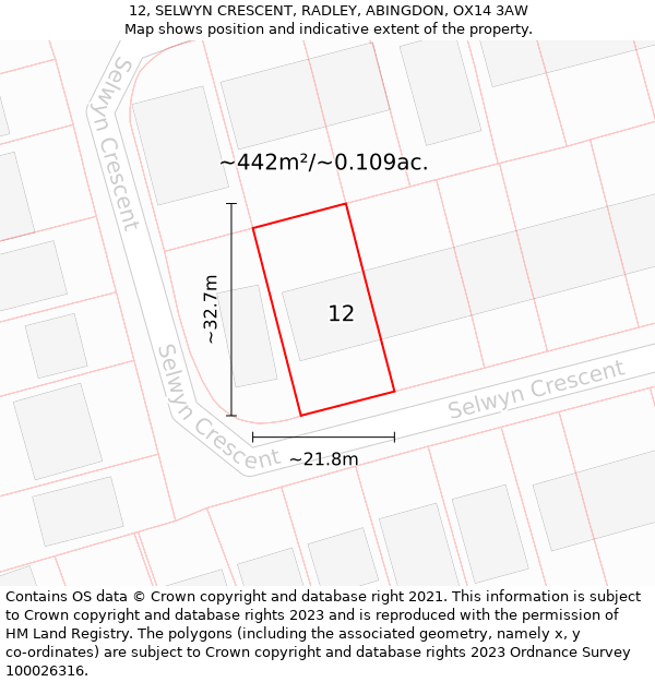 12, SELWYN CRESCENT, RADLEY, ABINGDON, OX14 3AW: Plot and title map