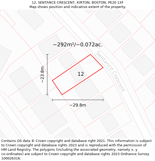 12, SENTANCE CRESCENT, KIRTON, BOSTON, PE20 1XF: Plot and title map