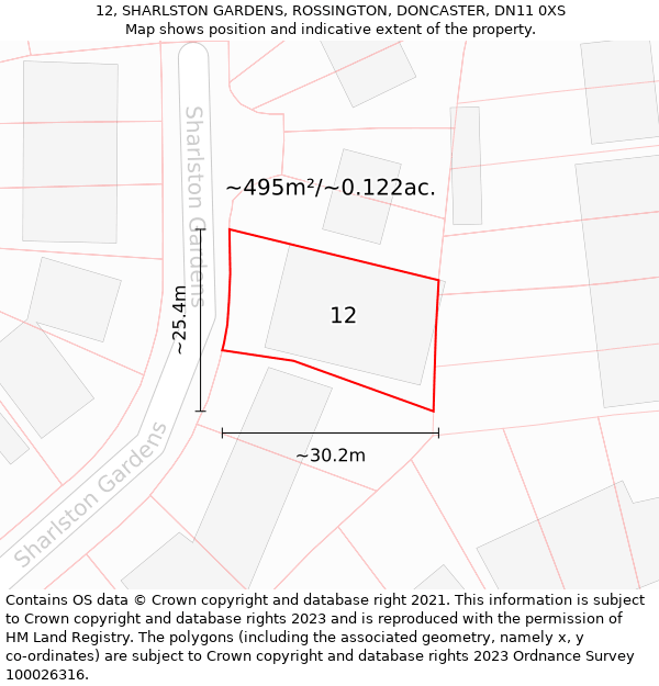 12, SHARLSTON GARDENS, ROSSINGTON, DONCASTER, DN11 0XS: Plot and title map