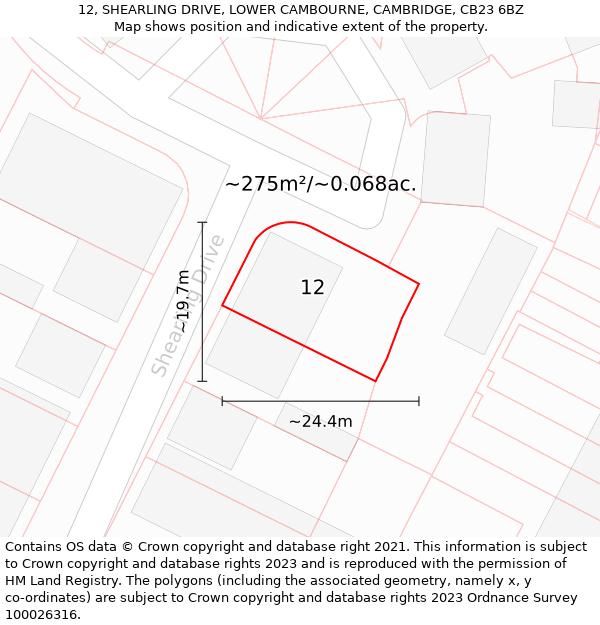 12, SHEARLING DRIVE, LOWER CAMBOURNE, CAMBRIDGE, CB23 6BZ: Plot and title map