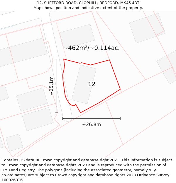 12, SHEFFORD ROAD, CLOPHILL, BEDFORD, MK45 4BT: Plot and title map