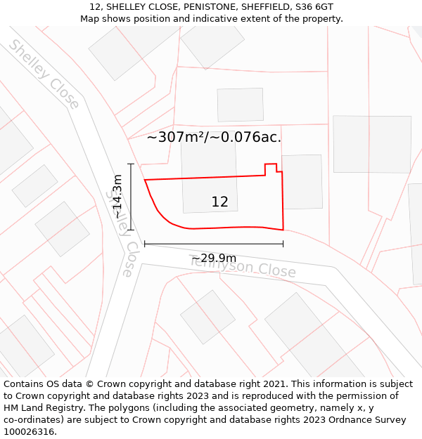 12, SHELLEY CLOSE, PENISTONE, SHEFFIELD, S36 6GT: Plot and title map