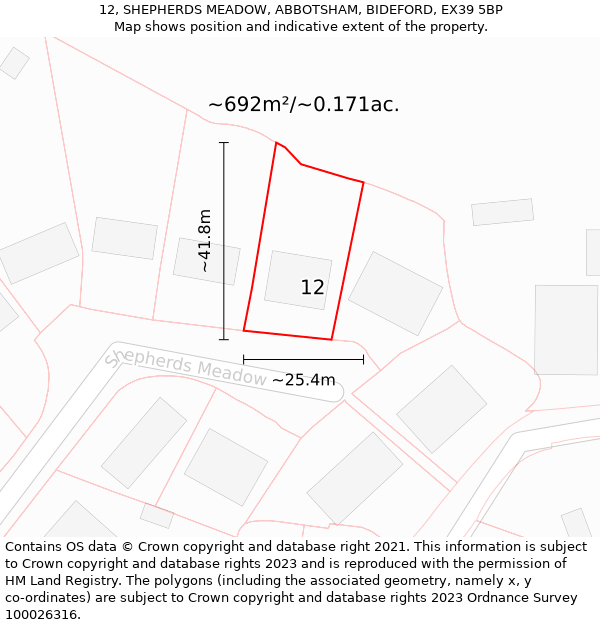 12, SHEPHERDS MEADOW, ABBOTSHAM, BIDEFORD, EX39 5BP: Plot and title map