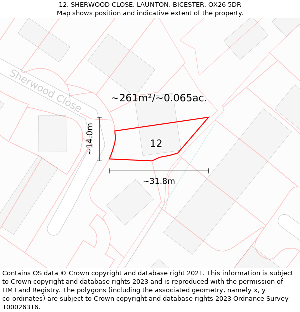 12, SHERWOOD CLOSE, LAUNTON, BICESTER, OX26 5DR: Plot and title map