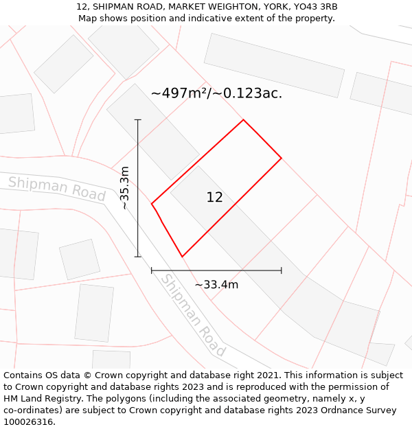 12, SHIPMAN ROAD, MARKET WEIGHTON, YORK, YO43 3RB: Plot and title map