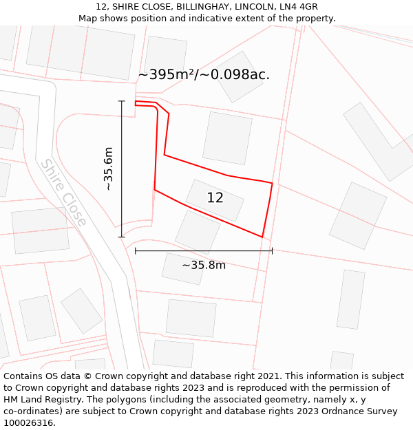 12, SHIRE CLOSE, BILLINGHAY, LINCOLN, LN4 4GR: Plot and title map