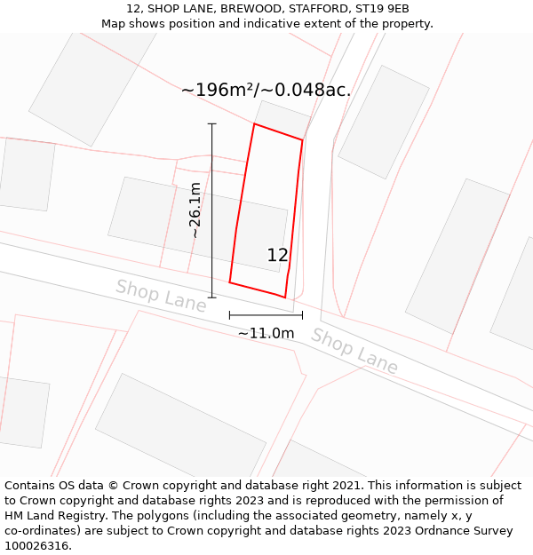 12, SHOP LANE, BREWOOD, STAFFORD, ST19 9EB: Plot and title map