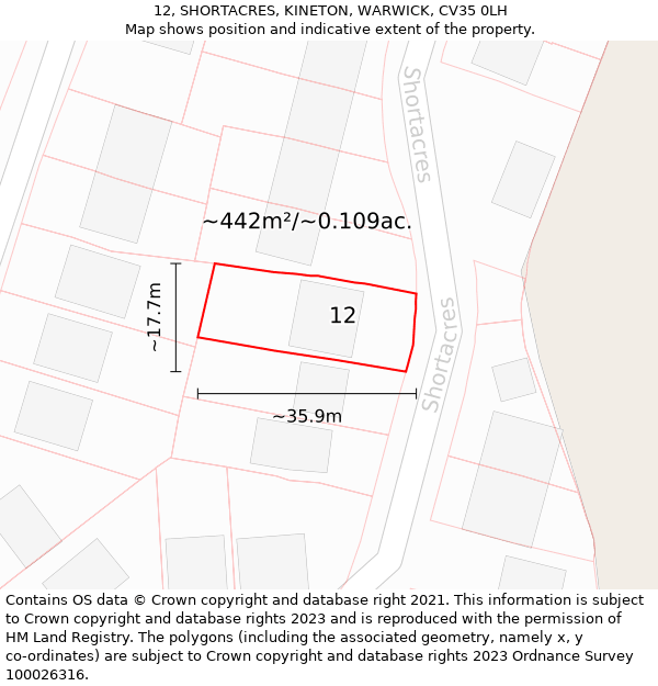 12, SHORTACRES, KINETON, WARWICK, CV35 0LH: Plot and title map