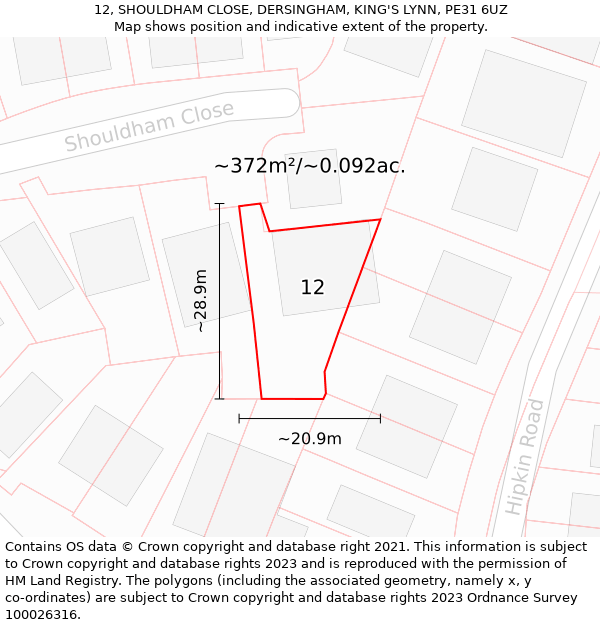 12, SHOULDHAM CLOSE, DERSINGHAM, KING'S LYNN, PE31 6UZ: Plot and title map