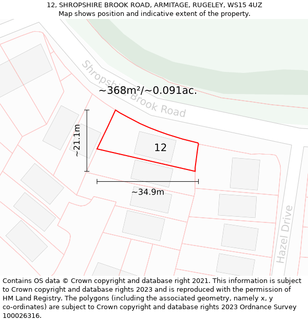 12, SHROPSHIRE BROOK ROAD, ARMITAGE, RUGELEY, WS15 4UZ: Plot and title map