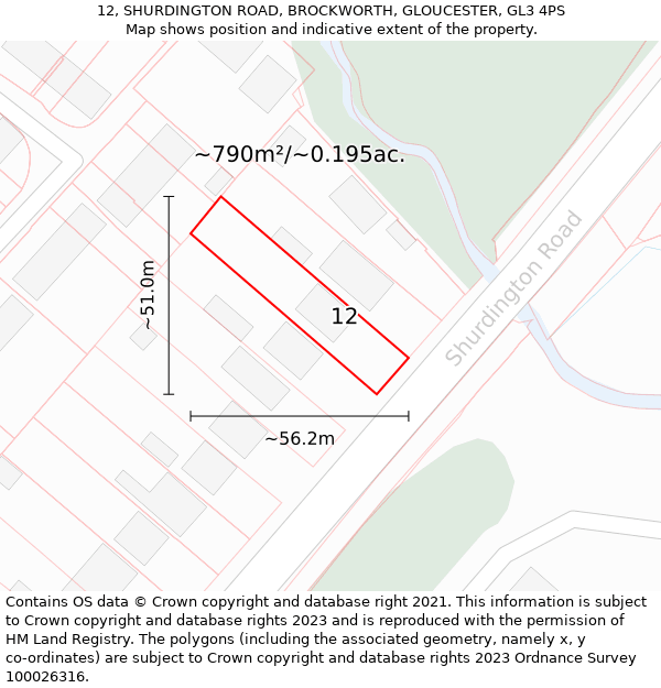 12, SHURDINGTON ROAD, BROCKWORTH, GLOUCESTER, GL3 4PS: Plot and title map