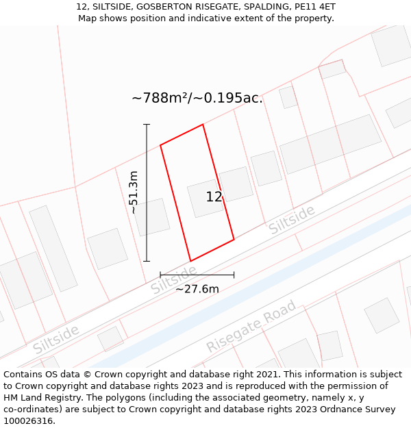 12, SILTSIDE, GOSBERTON RISEGATE, SPALDING, PE11 4ET: Plot and title map