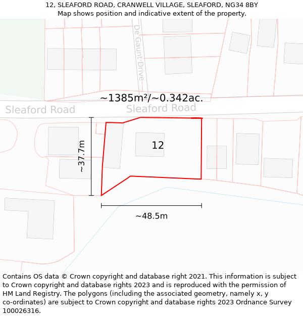 12, SLEAFORD ROAD, CRANWELL VILLAGE, SLEAFORD, NG34 8BY: Plot and title map