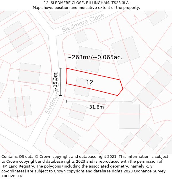 12, SLEDMERE CLOSE, BILLINGHAM, TS23 3LA: Plot and title map