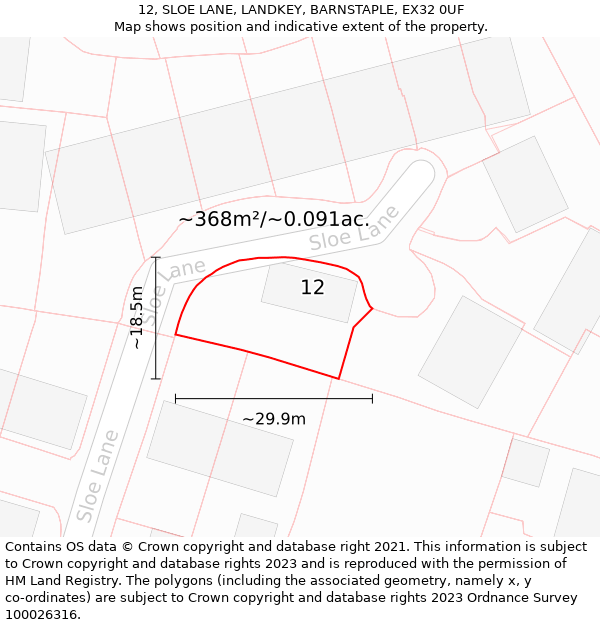 12, SLOE LANE, LANDKEY, BARNSTAPLE, EX32 0UF: Plot and title map