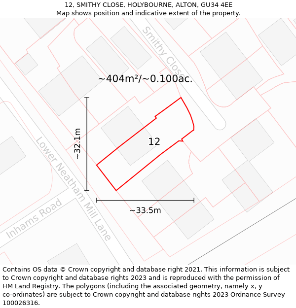 12, SMITHY CLOSE, HOLYBOURNE, ALTON, GU34 4EE: Plot and title map