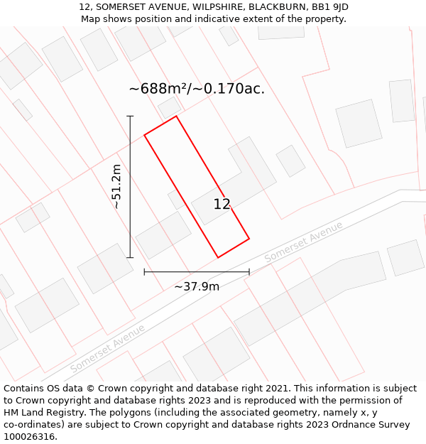 12, SOMERSET AVENUE, WILPSHIRE, BLACKBURN, BB1 9JD: Plot and title map