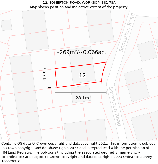 12, SOMERTON ROAD, WORKSOP, S81 7SA: Plot and title map