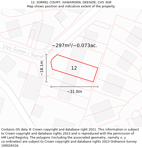 12, SORREL COURT, HAWARDEN, DEESIDE, CH5 3GR: Plot and title map