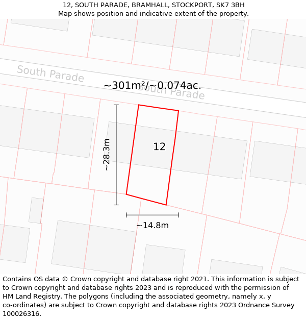 12, SOUTH PARADE, BRAMHALL, STOCKPORT, SK7 3BH: Plot and title map