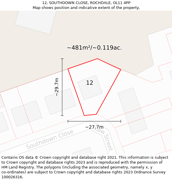 12, SOUTHDOWN CLOSE, ROCHDALE, OL11 4PP: Plot and title map