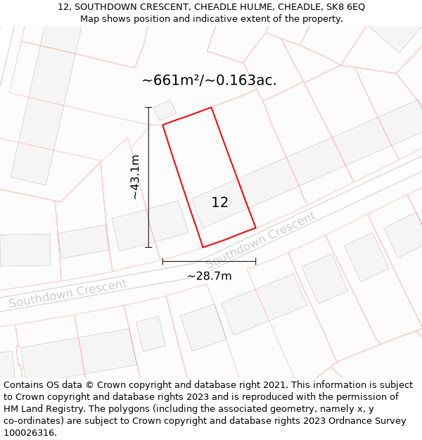 12, SOUTHDOWN CRESCENT, CHEADLE HULME, CHEADLE, SK8 6EQ: Plot and title map