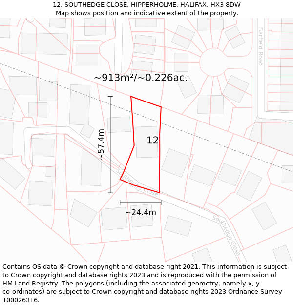 12, SOUTHEDGE CLOSE, HIPPERHOLME, HALIFAX, HX3 8DW: Plot and title map