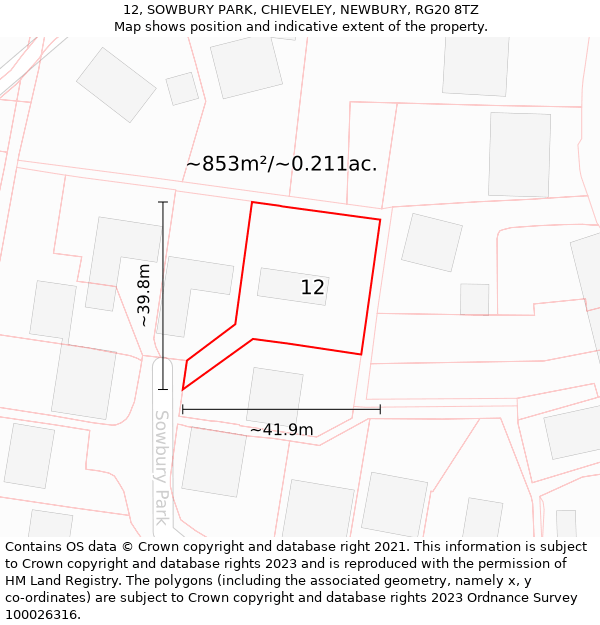 12, SOWBURY PARK, CHIEVELEY, NEWBURY, RG20 8TZ: Plot and title map