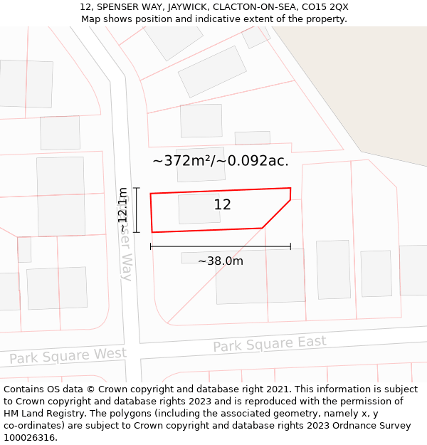 12, SPENSER WAY, JAYWICK, CLACTON-ON-SEA, CO15 2QX: Plot and title map