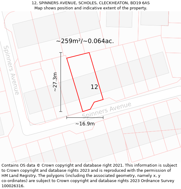 12, SPINNERS AVENUE, SCHOLES, CLECKHEATON, BD19 6AS: Plot and title map