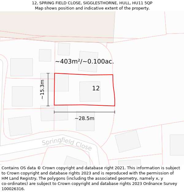 12, SPRING FIELD CLOSE, SIGGLESTHORNE, HULL, HU11 5QP: Plot and title map