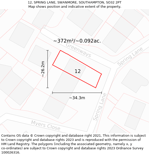 12, SPRING LANE, SWANMORE, SOUTHAMPTON, SO32 2PT: Plot and title map