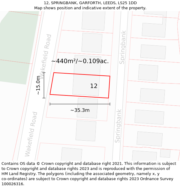 12, SPRINGBANK, GARFORTH, LEEDS, LS25 1DD: Plot and title map