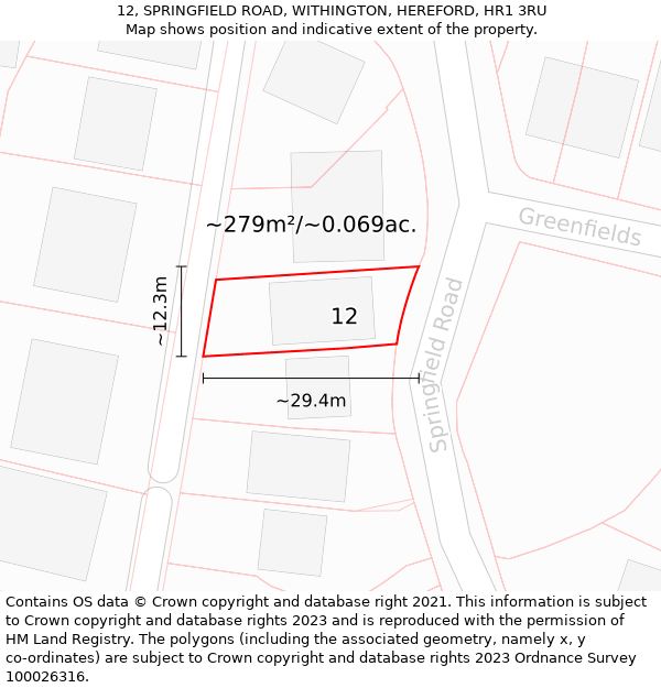 12, SPRINGFIELD ROAD, WITHINGTON, HEREFORD, HR1 3RU: Plot and title map