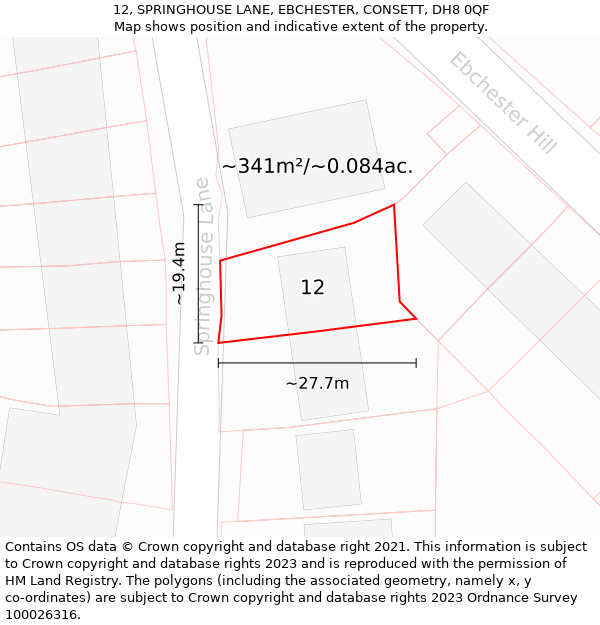 12, SPRINGHOUSE LANE, EBCHESTER, CONSETT, DH8 0QF: Plot and title map