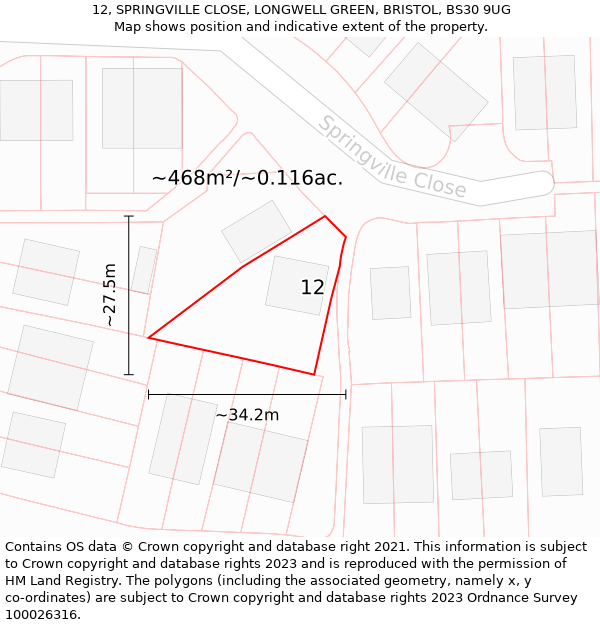 12, SPRINGVILLE CLOSE, LONGWELL GREEN, BRISTOL, BS30 9UG: Plot and title map